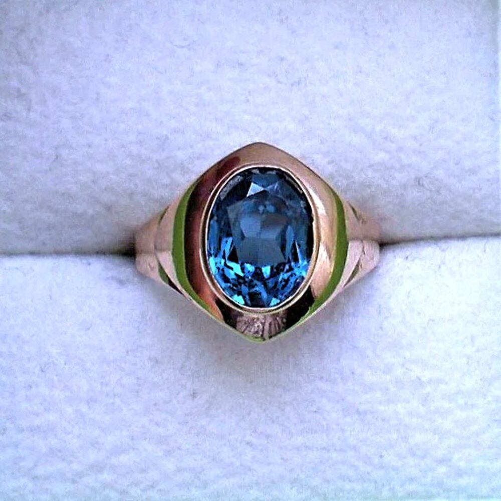 Vintage Russian USSR 14K Rose Pink Gold Created Blue Sapphire Solitaire Ring
